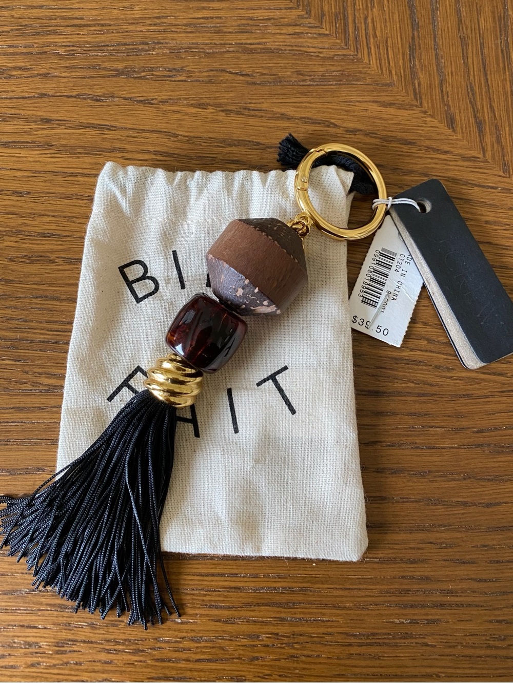 J. Crew Black Tassel Keychain Bag Charm with Gold, Stone, & Brown Accents